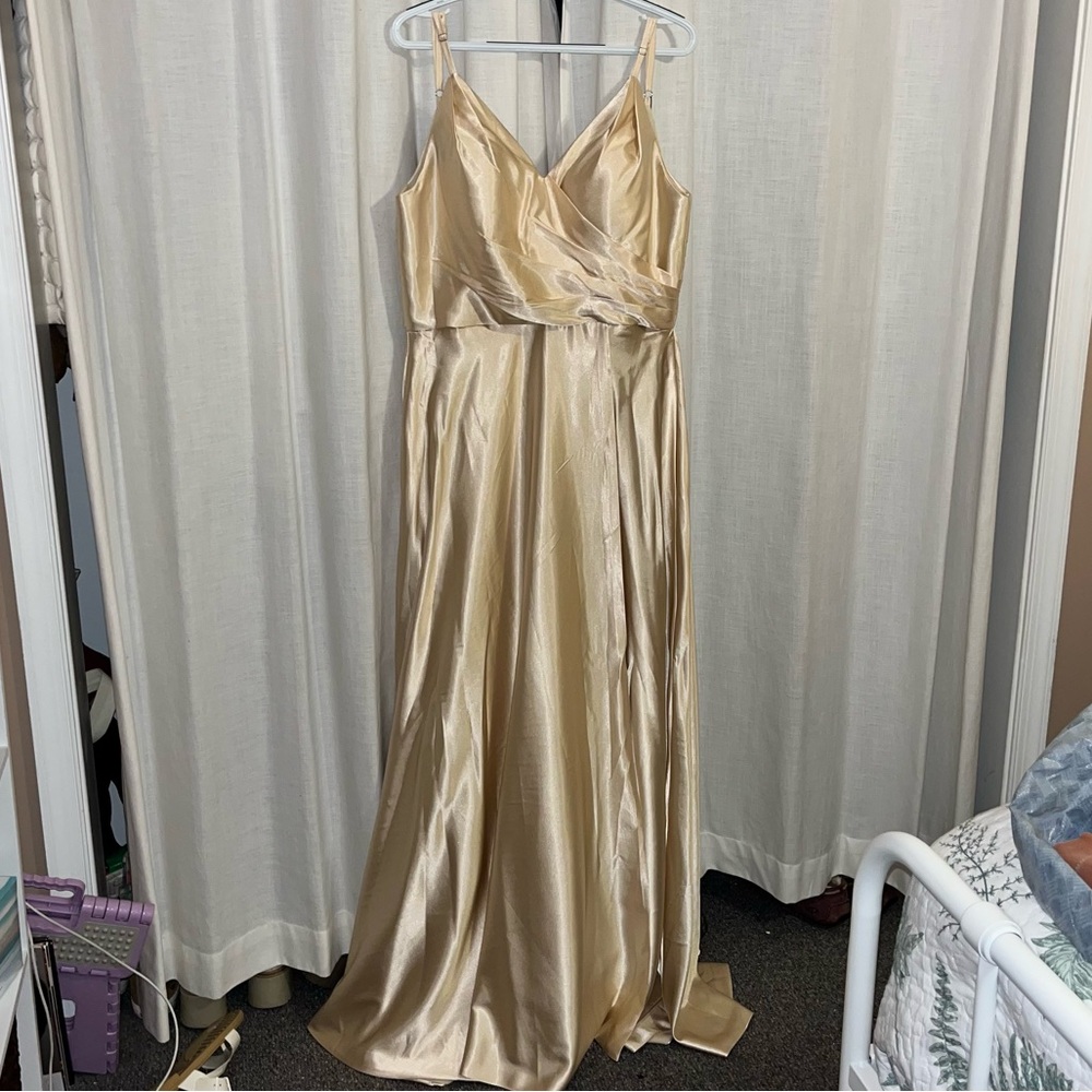 Champagne Satin V-Neck Bridesmaid with Slit, Wedding Guest Dress SIZE 12 NWT